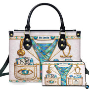 Back view of optometrist handbag displaying clean off-white textured exterior surface