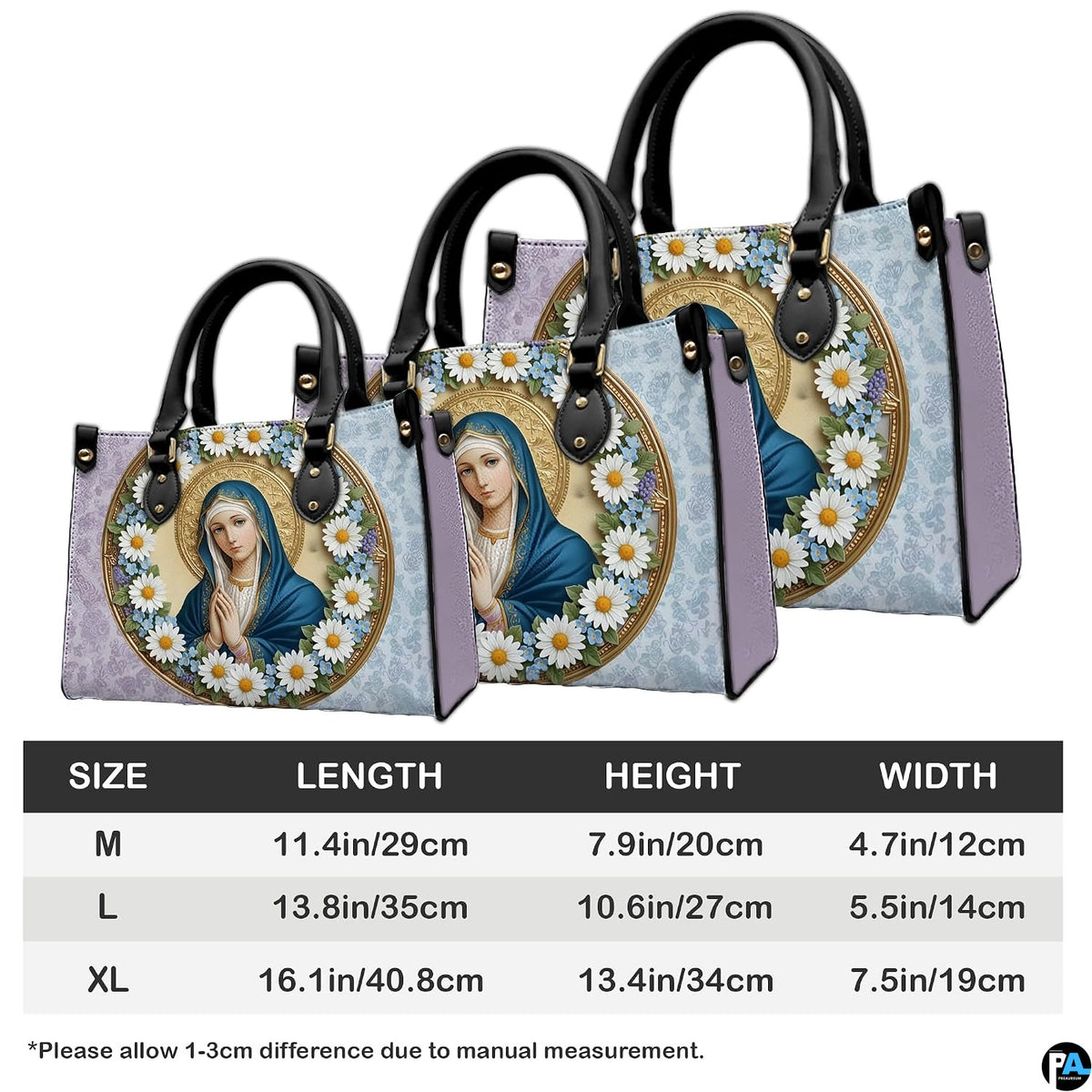 Detailed view of coordinating wallet with daisy-framed Virgin Mary portrait