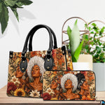 Tabletop presentation showing the floral trio artwork and matching accessory near potted plants.