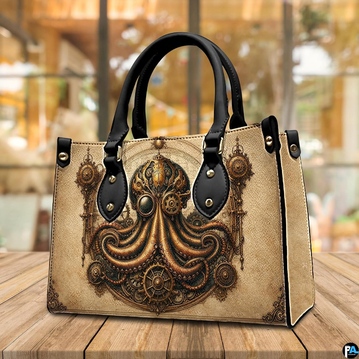 Three-quarter view of octopus kraken purse highlighting structured silhouette and handles