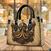 Three-quarter view of octopus kraken purse highlighting structured silhouette and handles