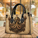 Three-quarter view of octopus kraken purse highlighting structured silhouette and handles