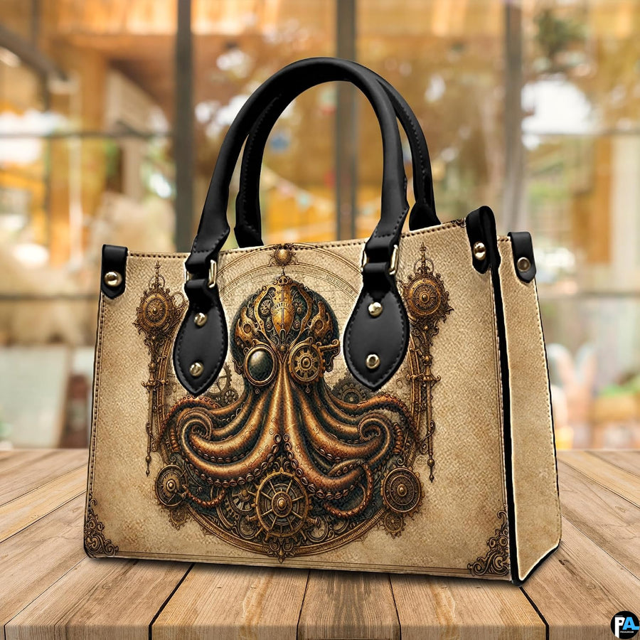Three-quarter view of octopus kraken purse highlighting structured silhouette and handles