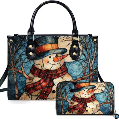 Front view of matching winter accessories featuring stained glass snowman, red plaid scarf, and mosaic starry sky.