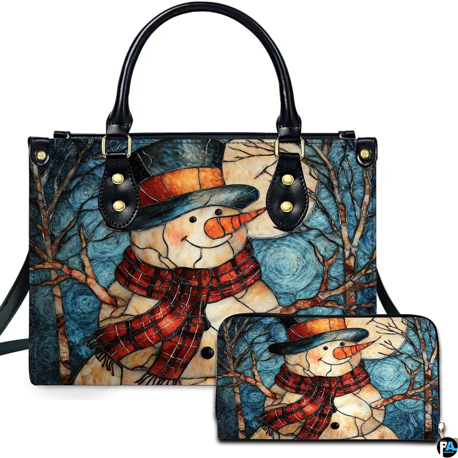 Front view of matching winter accessories featuring stained glass snowman, red plaid scarf, and mosaic starry sky.
