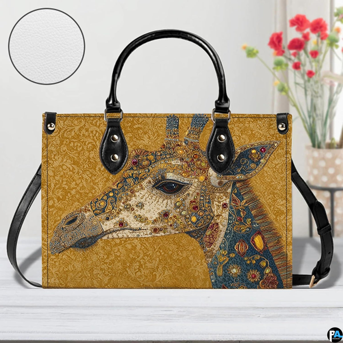 Interior compartment view of giraffe handbag showing inner lining and organization.