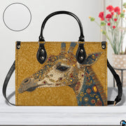 Interior compartment view of giraffe handbag showing inner lining and organization.