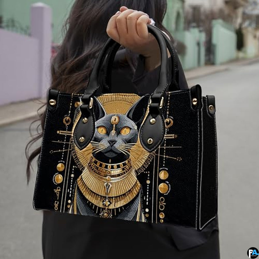 Black Cat Leather Bag – Vintage Cat Art Handbag, Stylish Animal-Themed Purse, Unique Gift for Cat Lovers