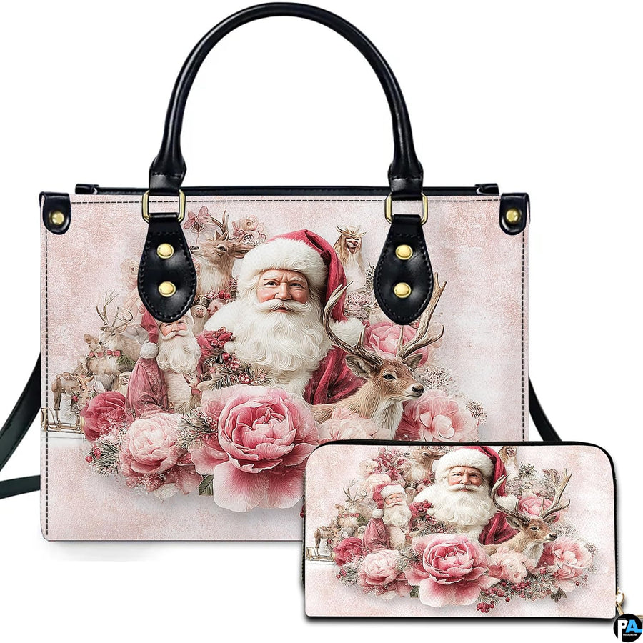 Front view of matching holiday accessories featuring Victorian Santa Claus, pink roses, and woodland reindeer.