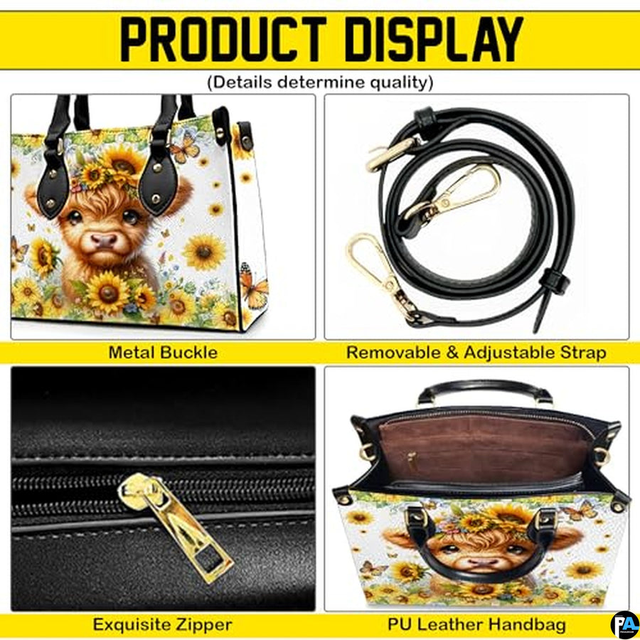 Highland Cow Leather Handbag Custom Cow Purse for Women Country Farm PU Leather Tote Gifts for Farmers Girls Mom Gift
