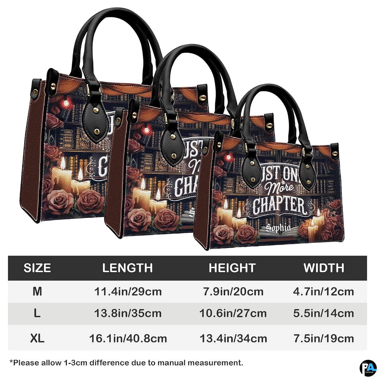 Sizing guide graphic displaying measurement proportions for three handbag options.