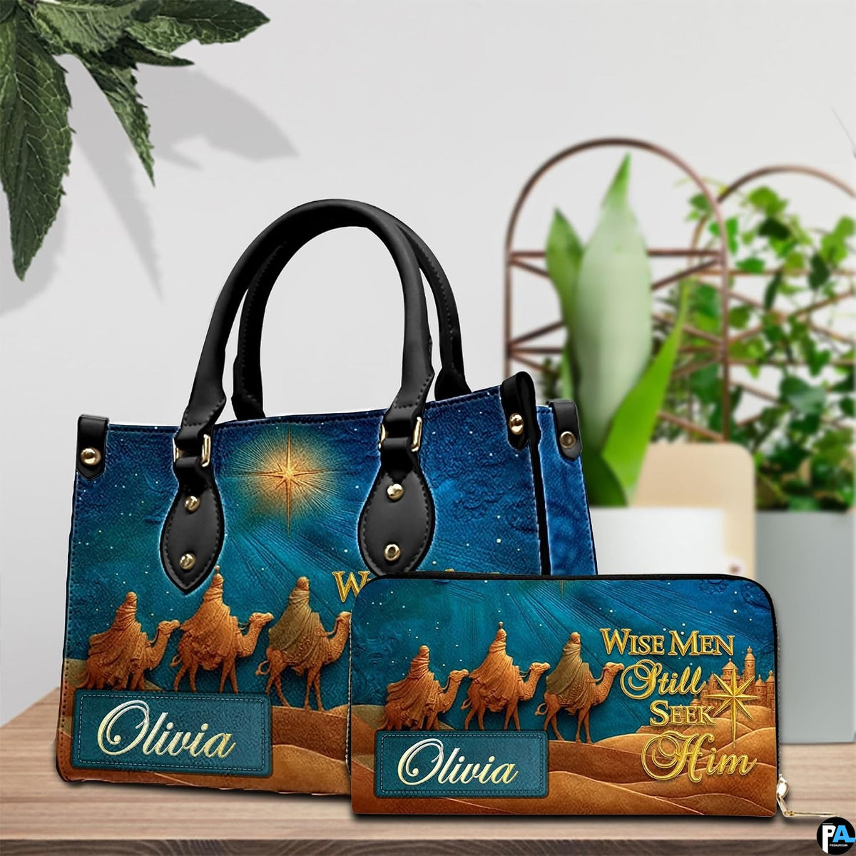 Perspective view of three magi desert journey handbag and wallet matching pair