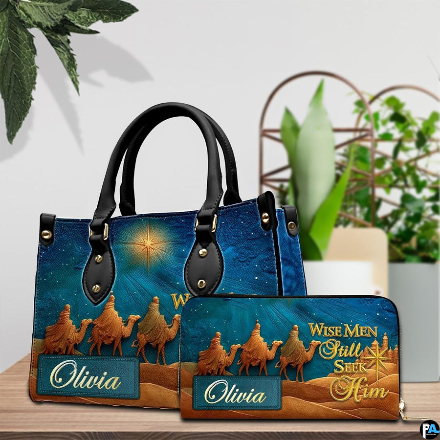 Perspective view of three magi desert journey handbag and wallet matching pair