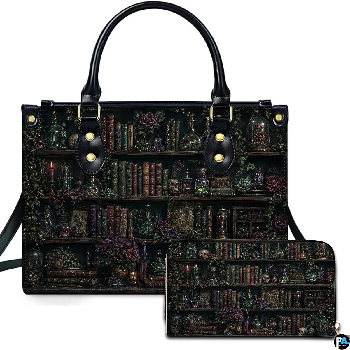 Gothic apothecary bookshelf artwork with potion bottles and purple roses on matching handbag and wallet set.