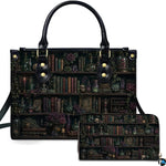 Gothic apothecary bookshelf artwork with potion bottles and purple roses on matching handbag and wallet set.