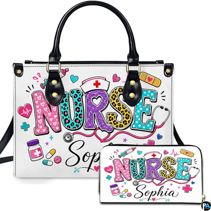 Leopard nurse lettering art depicting patterned block letters and a heart stethoscope on coordinating companion items.