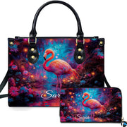 Enchanted glowing flamingo handbag and matching wallet set featuring illuminated night lagoon art.