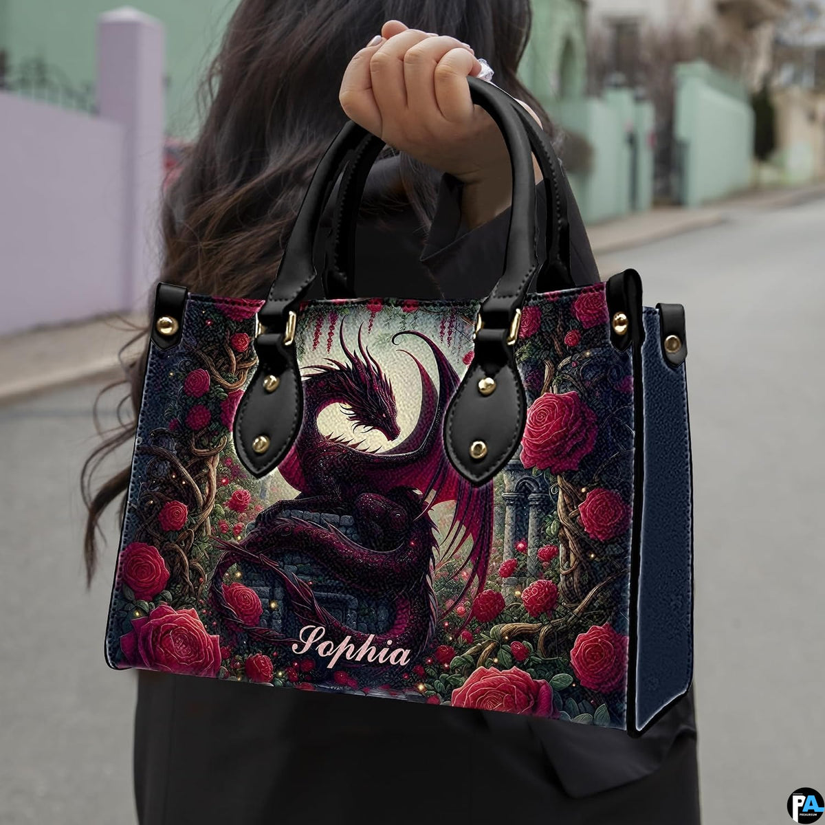 Outdoor lifestyle shot of model carrying gothic crimson dragon handbag.