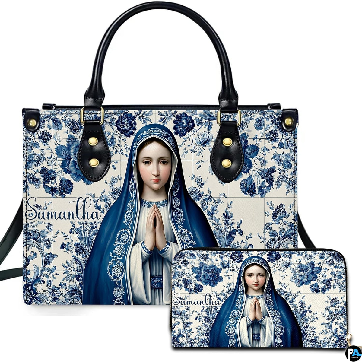 Front view of handbag and wallet set with praying Virgin Mary on blue floral ceramic tile background.