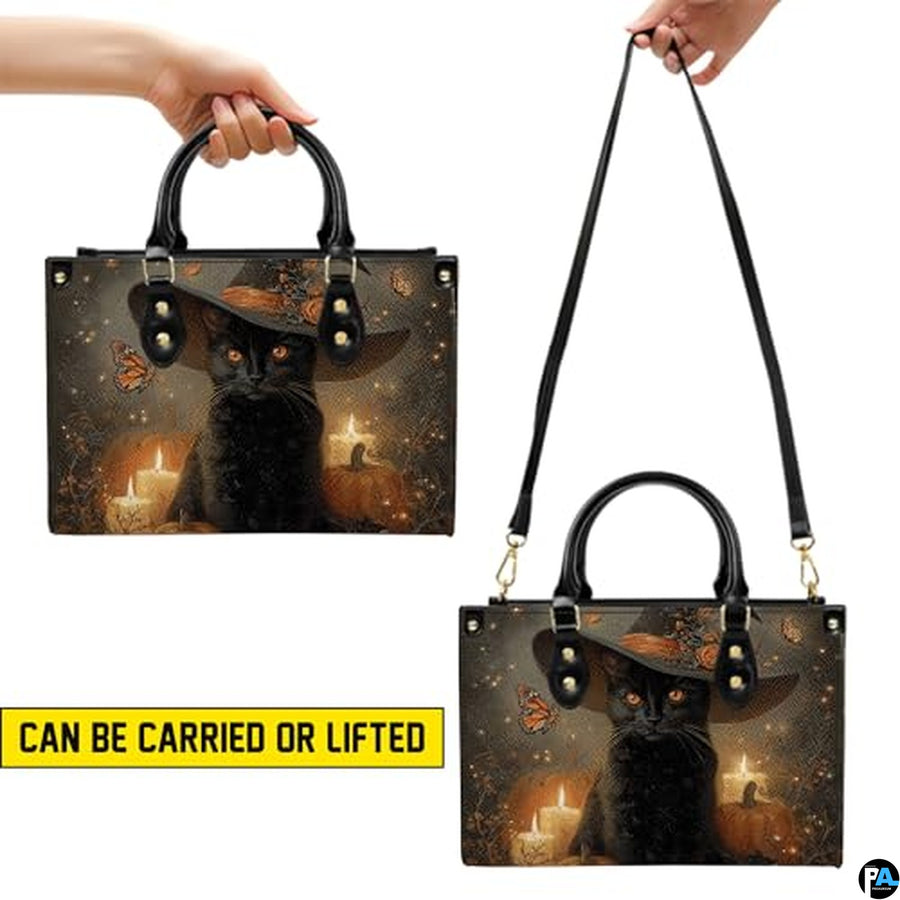 Black Cat Leather Bag – Vintage Cat Art Handbag, Stylish Animal-Themed Purse, Unique Gift for Cat Lovers