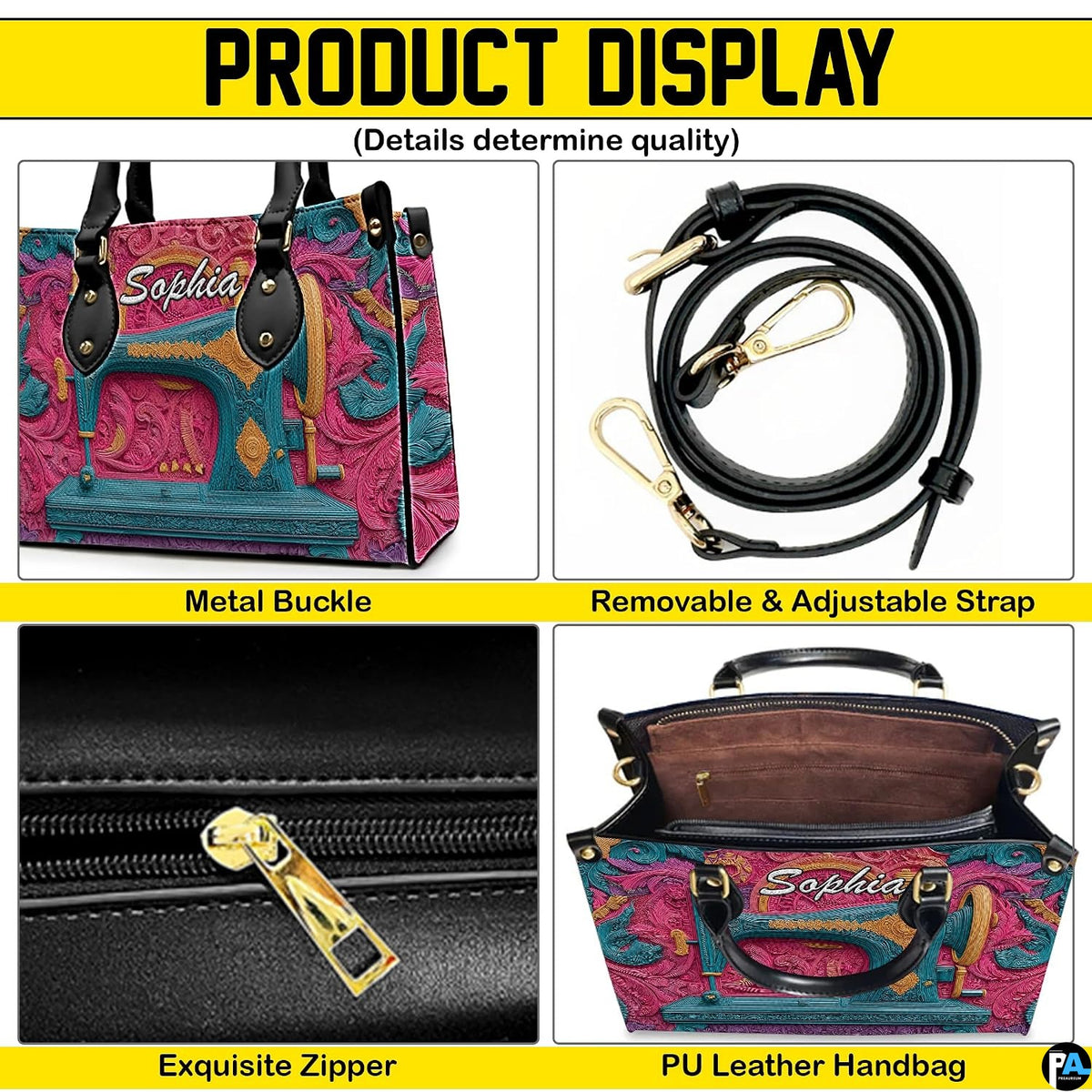 Four-panel layout presenting close-up visual accents of the vintage sewing machine art design.