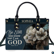 Denim textured background accented with warm yellow stitching, devotional verse lettering, and delicate white blossoms.
