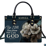 Denim textured background accented with warm yellow stitching, devotional verse lettering, and delicate white blossoms.
