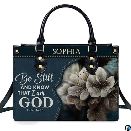 Denim textured background accented with warm yellow stitching, devotional verse lettering, and delicate white blossoms.