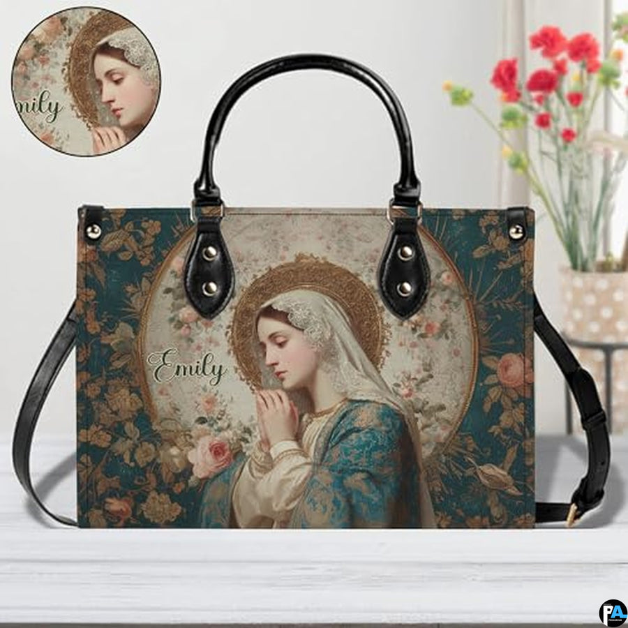Custom Catholic Virgin Mary Leather Bag, Personalized Name Handbags and Purses for Christian Women Religious Bag Gifts