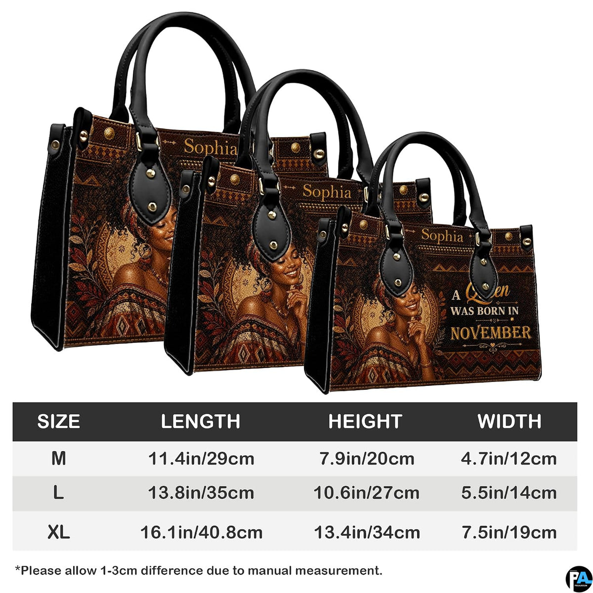Measurement chart with regal African woman handbags in three sizes