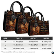 Measurement chart with regal African woman handbags in three sizes