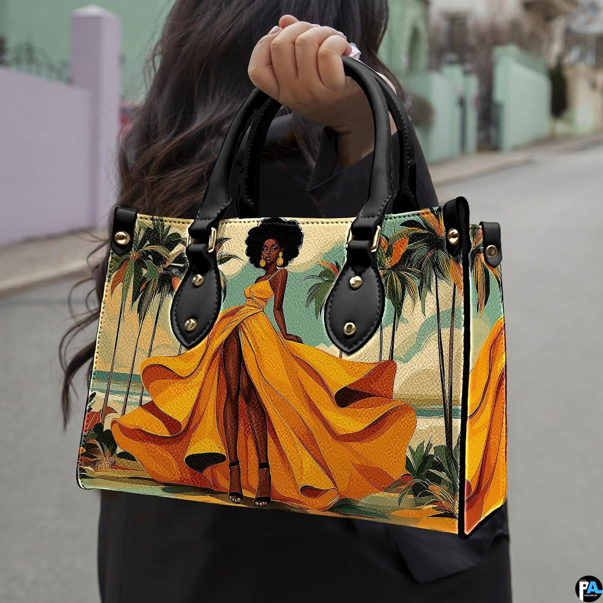 Outdoor lifestyle perspective featuring the tropical yellow dress artwork in natural daylight against urban street.