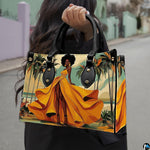Outdoor lifestyle perspective featuring the tropical yellow dress artwork in natural daylight against urban street.