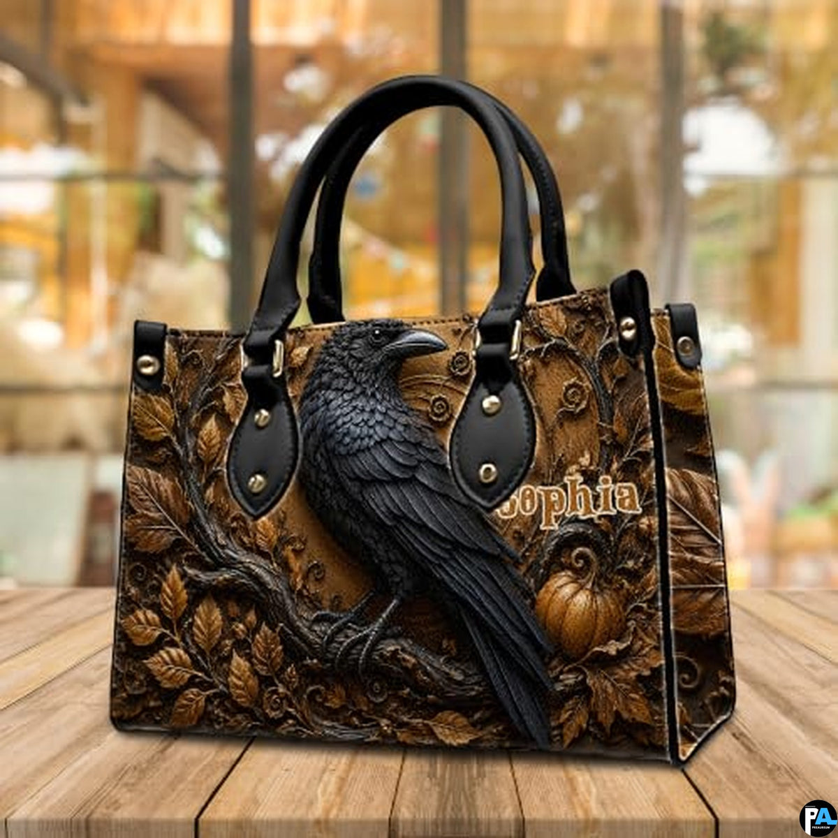 Personalized Halloween Gothic Leather Handbag Custom Raven Black Cat Purse Dark Fantasy Shoulder Bag Gift for Women