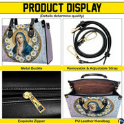 Virgin Mary daisy handbag displayed with matching continental wallet