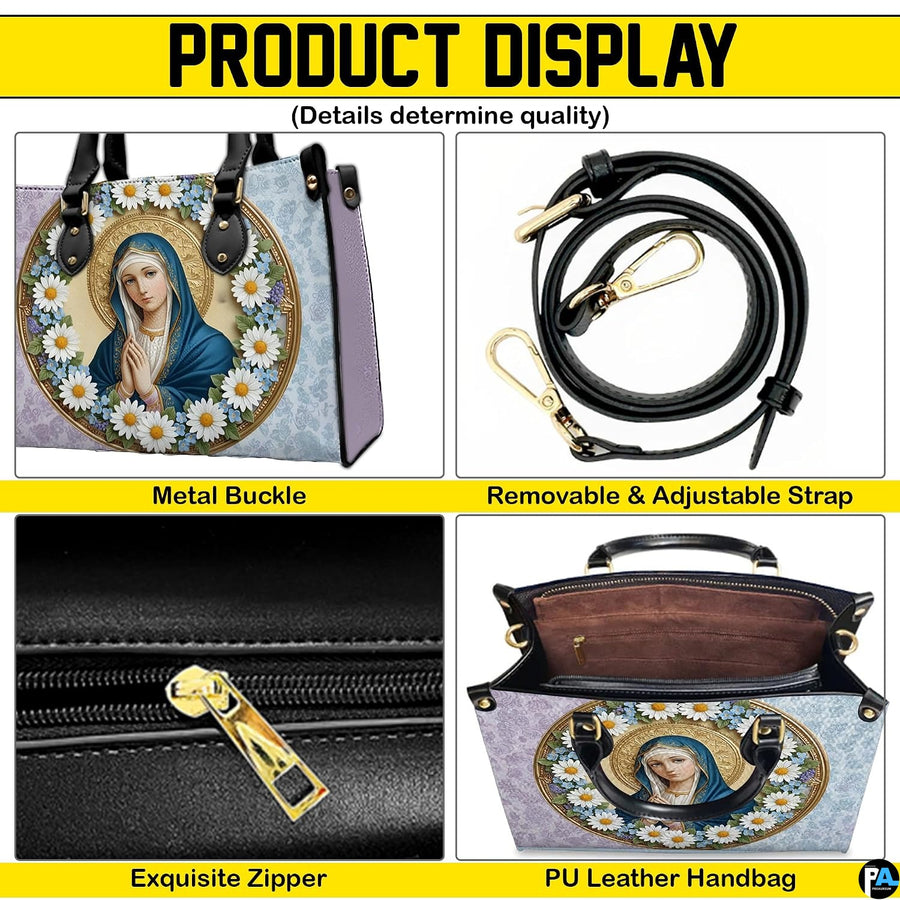 Virgin Mary daisy handbag displayed with matching continental wallet