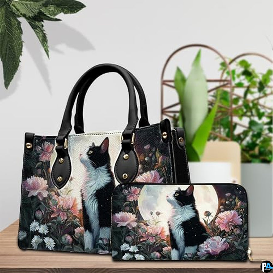 Black Cat Leather Bag – Vintage Cat Art Handbag, Stylish Animal-Themed Purse, Unique Gift for Cat Lovers
