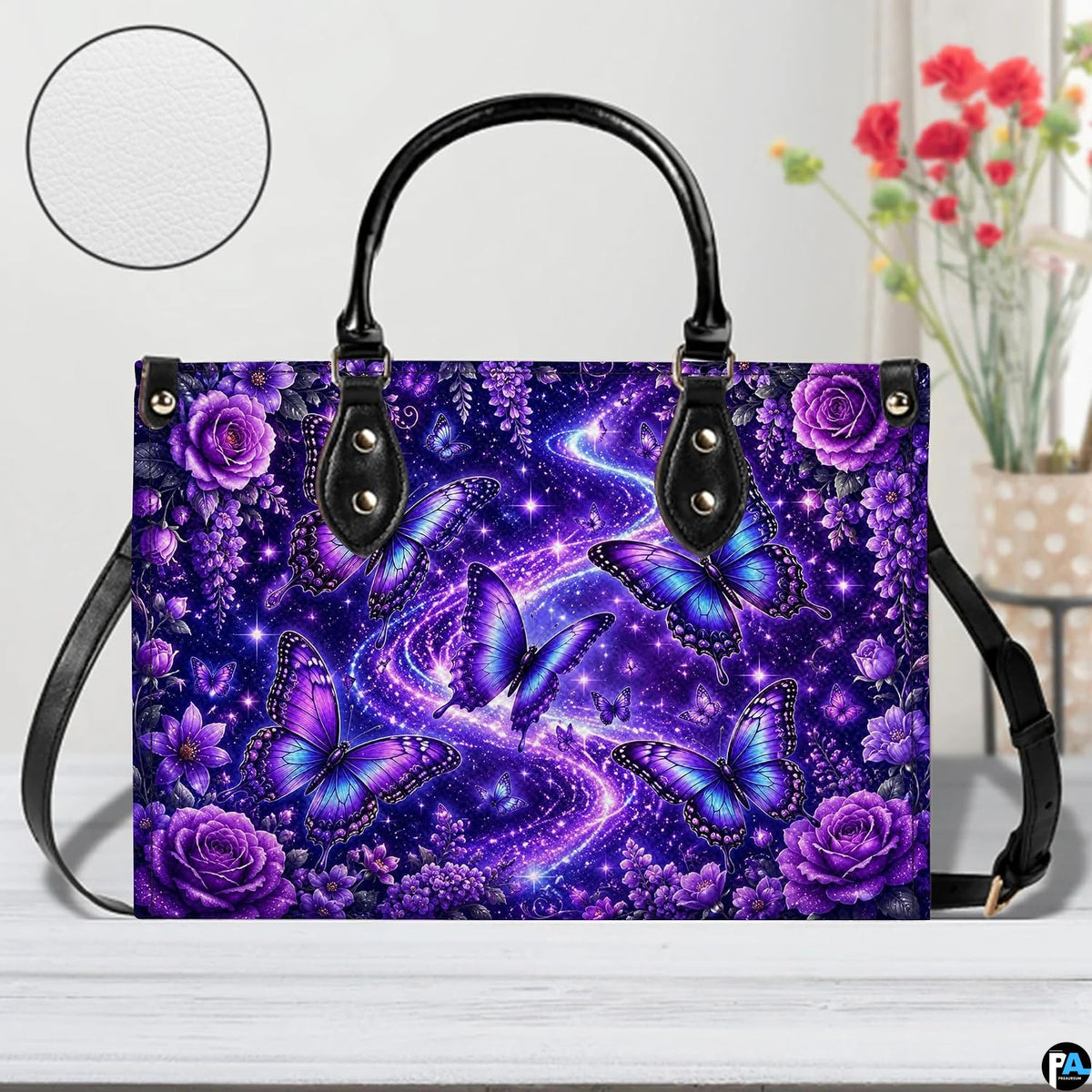 Front tabletop presentation of purple butterfly artwork placed beside circular texture inset.