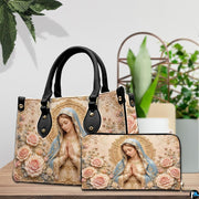Matching Virgin Mary handbag and wallet set displayed in lifestyle setting