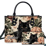 Fluffy black cat art depicting botanical cat art and peach peonies on companion accessories.