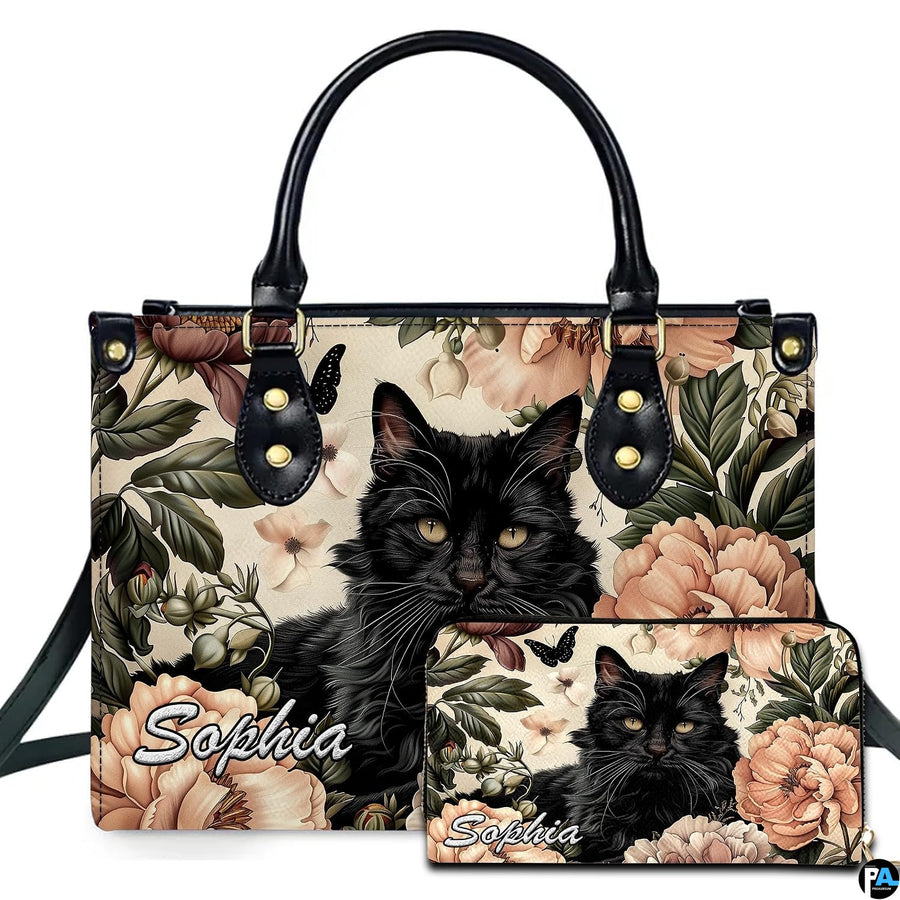Fluffy black cat art depicting botanical cat art and peach peonies on companion accessories.