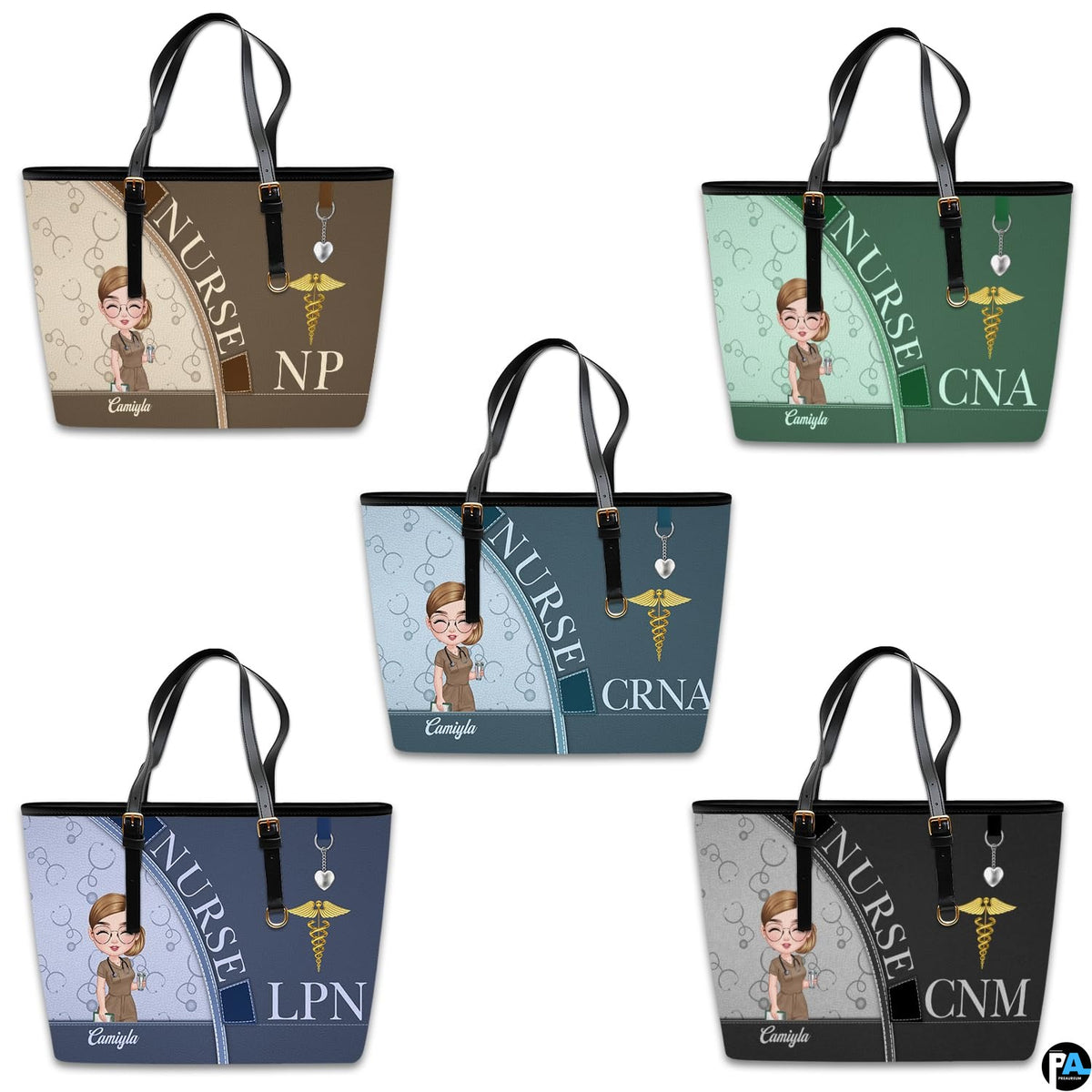 Color variant presentation of Mocha Clinician Tote Handbag showing brown, green, blue, navy, and black options.