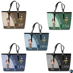 Color variant presentation of Mocha Clinician Tote Handbag showing brown, green, blue, navy, and black options.