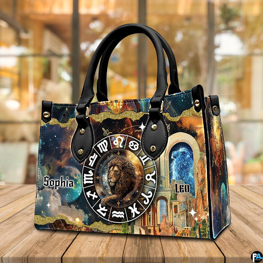 Angled perspective of Celestial Lion Satchel Handbag placed on an outdoor wooden table.