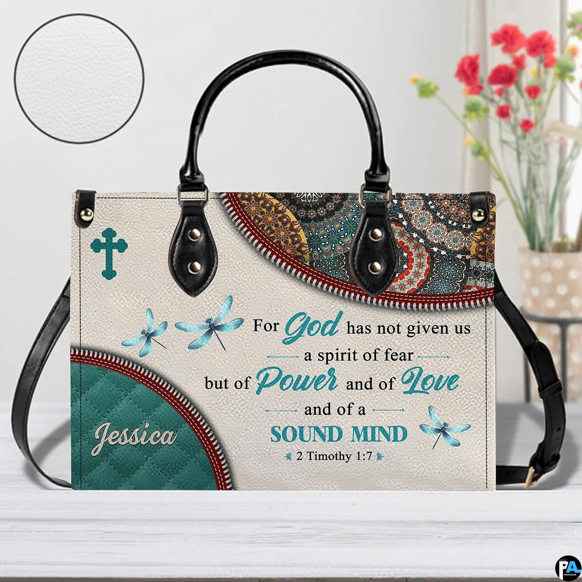 Detailed close-up view of textured surface and scripture verse devotional artwork.