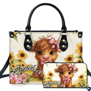 Front presentation featuring a storybook baby Highland cow with pink bows, sunflowers, and pastel flowers