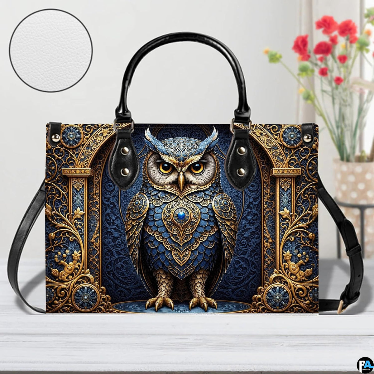 Interior view of baroque owl handbag showing open storage compartment with fabric lining