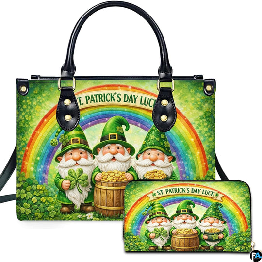 Three leprechaun rainbow handbag and matching wallet with clovers and coins