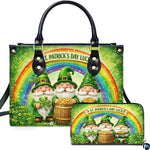 Three leprechaun rainbow handbag and matching wallet with clovers and coins