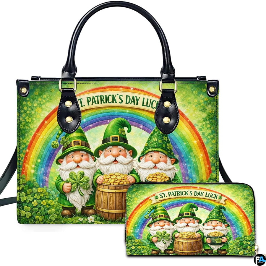 Three leprechaun rainbow handbag and matching wallet with clovers and coins